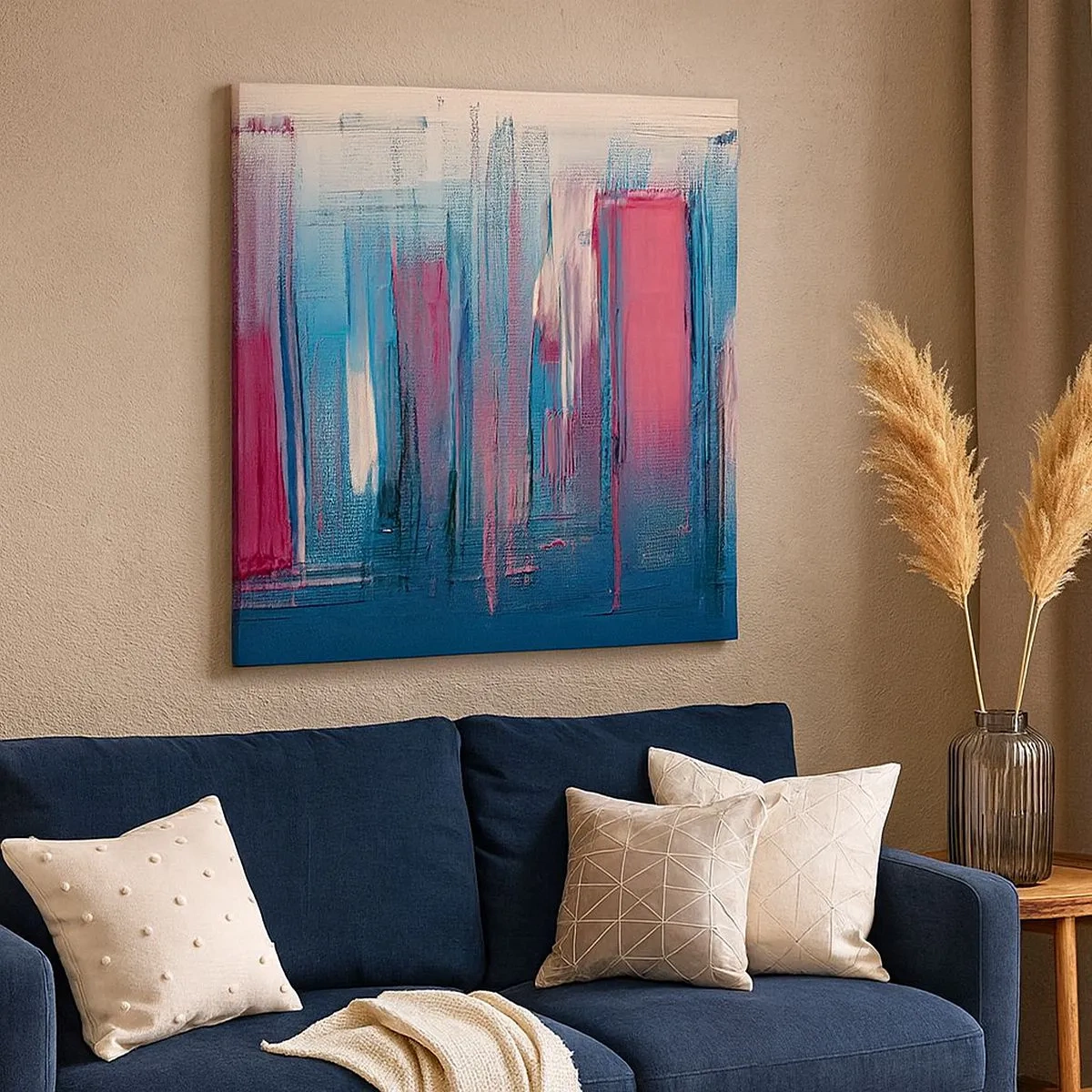 Obraz na płótnie - Kompozycja wertykalna w błękicie i czerwieni - 30x30 cm