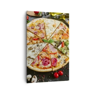 Obraz na płótnie - Pizza w różnych smakach na tle z dodatkami - 80x120cm - Wachlarz smaków - Nowoczesna dekoracja ścienna do salonu i sypialni ARTTOR