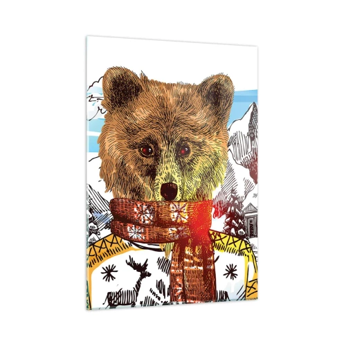 Obraz na szkle - Niedźwiedź w swetrze i szaliku na tle gór i domku - 50x70cm - Chatka niedźwiadka - Nowoczesna dekoracja ścienna do salonu, kuchni i sypialni ARTTOR