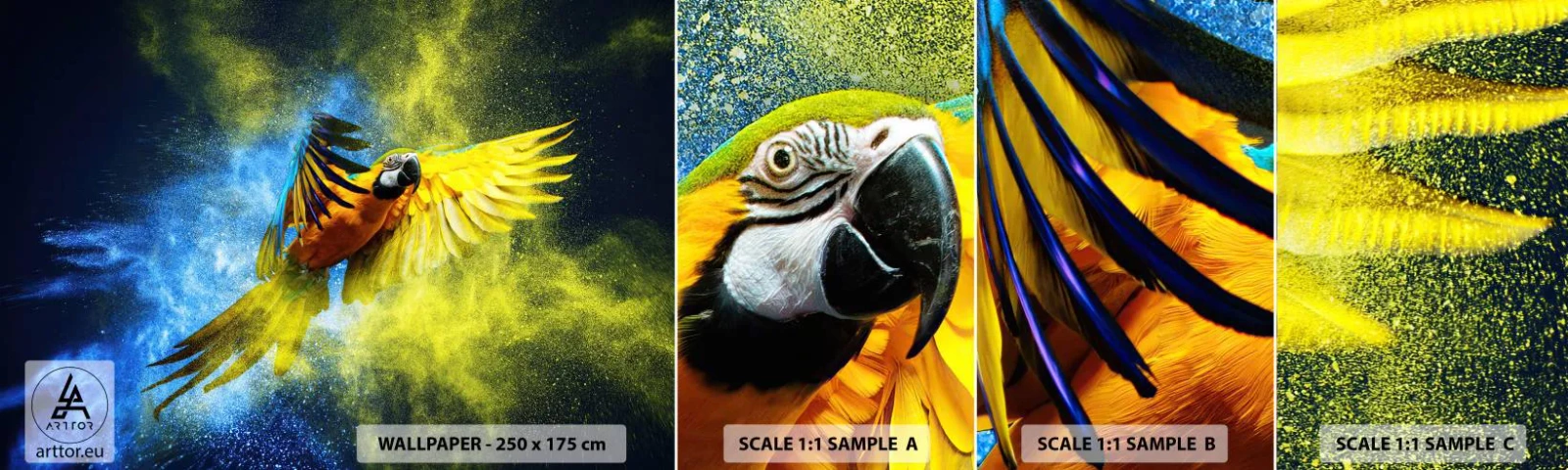 Fototapeta Próbka Samoprzylepna Deluxe Sticker - W błękitno-złotym pyle - Papuga, Abstrakcja, Sztuka - 100x30 cm