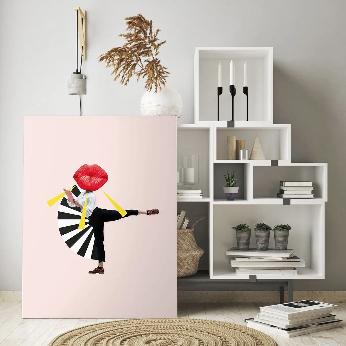 Obraz na szkle - Surrealistyczna postać z ustami i geometrycznymi elementami - 70x100cm - Surrealistyczny pop-art - Nowoczesna dekoracja ścienna do salonu i sypialni ARTTOR