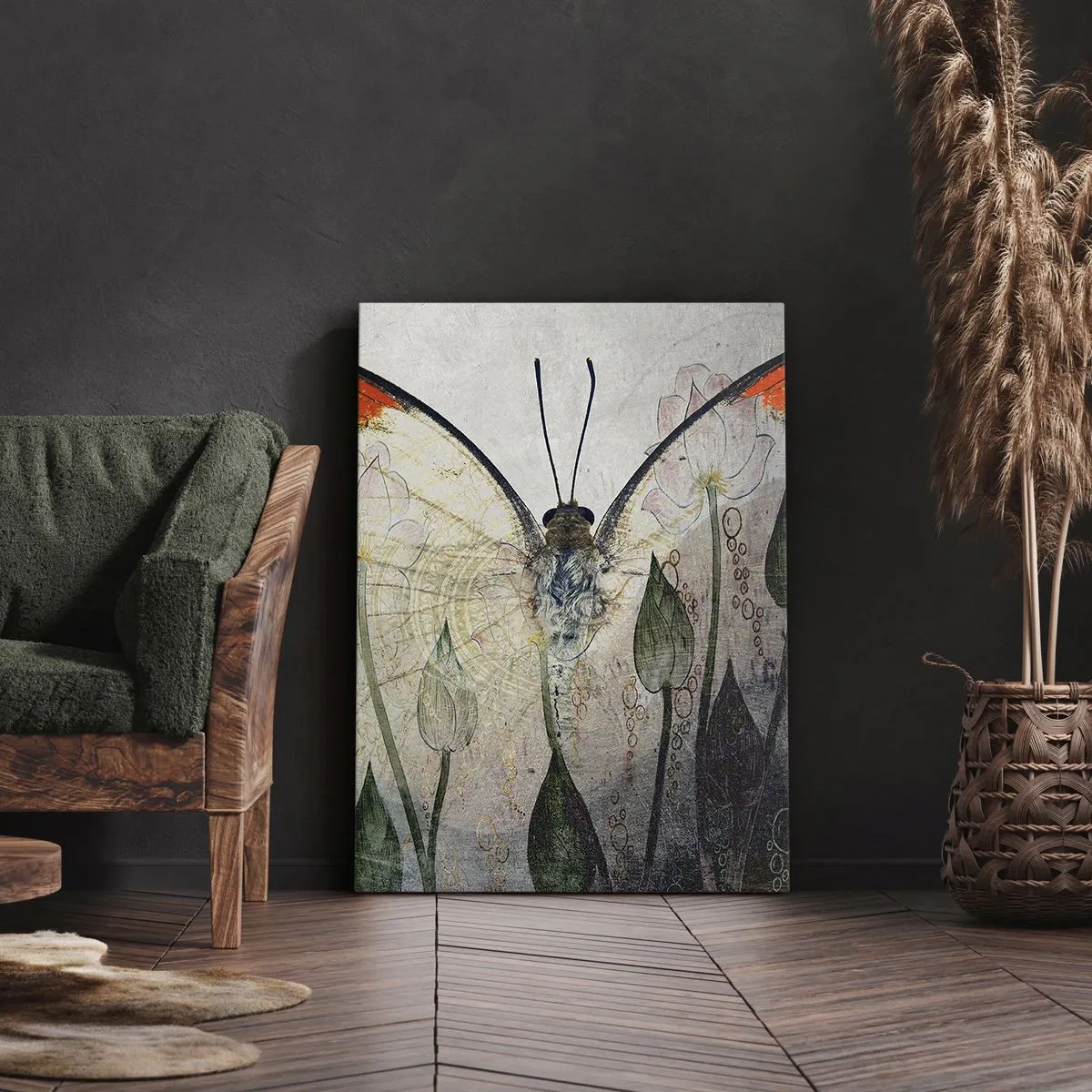 Obraz na płótnie - Motyl z pomarańczowymi skrzydłami na tle stylizowanych kwiatów - 80x120cm - "Kędy się motyl kołysa na trawie" - Nowoczesna dekoracja ścienna do salonu i sypialni ARTTOR