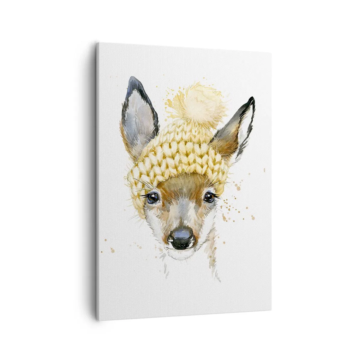 Obraz na płótnie - Urocza akwarelowa ilustracja jelonka w zimowej czapce - 50x70cm - Na zimę w śnieżnym lesie - Nowoczesna dekoracja ścienna do salonu, kuchni i sypialni ARTTOR