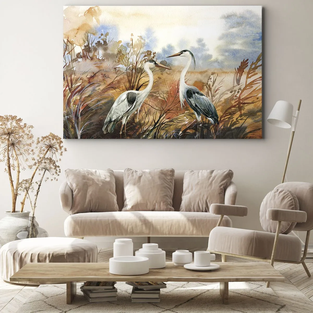 Obraz na płótnie - Dwie czaple na tle jesiennego pejzażu - 70x50cm - Dokąd jesienią? - Nowoczesna dekoracja ścienna do salonu i sypialni ARTTOR
