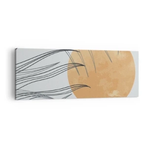Obraz na płótnie - Abstrakcyjne źdźbła traw na tle dużego pomarańczowego słońca - 140x50cm - Zawsze ku słońcu - Nowoczesna dekoracja ścienna do salonu i sypialni ARTTOR