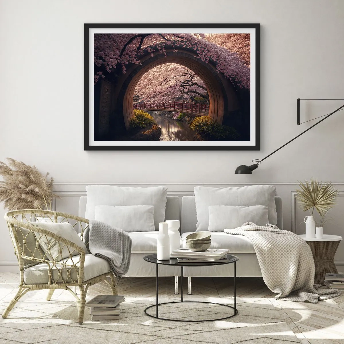Plakat w czarnej ramie - Tradycyjny japoński most otoczony kwitnącymi wiśniami - 70x50cm - Japońska wiosna - Nowoczesna dekoracja ścienna do salonu i sypialni ARTTOR