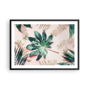 Plakat w czarnej ramie - Tropikalne liście na jasnym pastelowym tle - 70x50cm - Studium zieleni na różowym tle - Nowoczesna dekoracja ścienna do salonu i sypialni ARTTOR