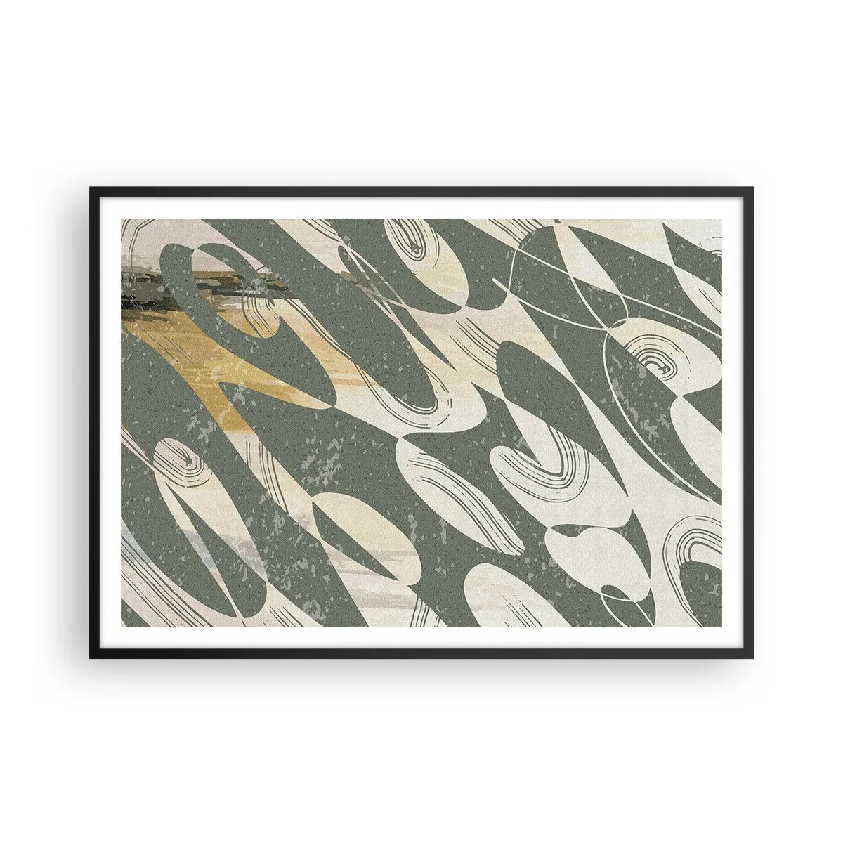 Plakat w czarnej ramie - Dynamiczne kształty w zielonych i złotych odcieniach - 100x70cm - Abstrakcja zrytmizowana - Nowoczesna dekoracja ścienna do salonu i sypialni ARTTOR