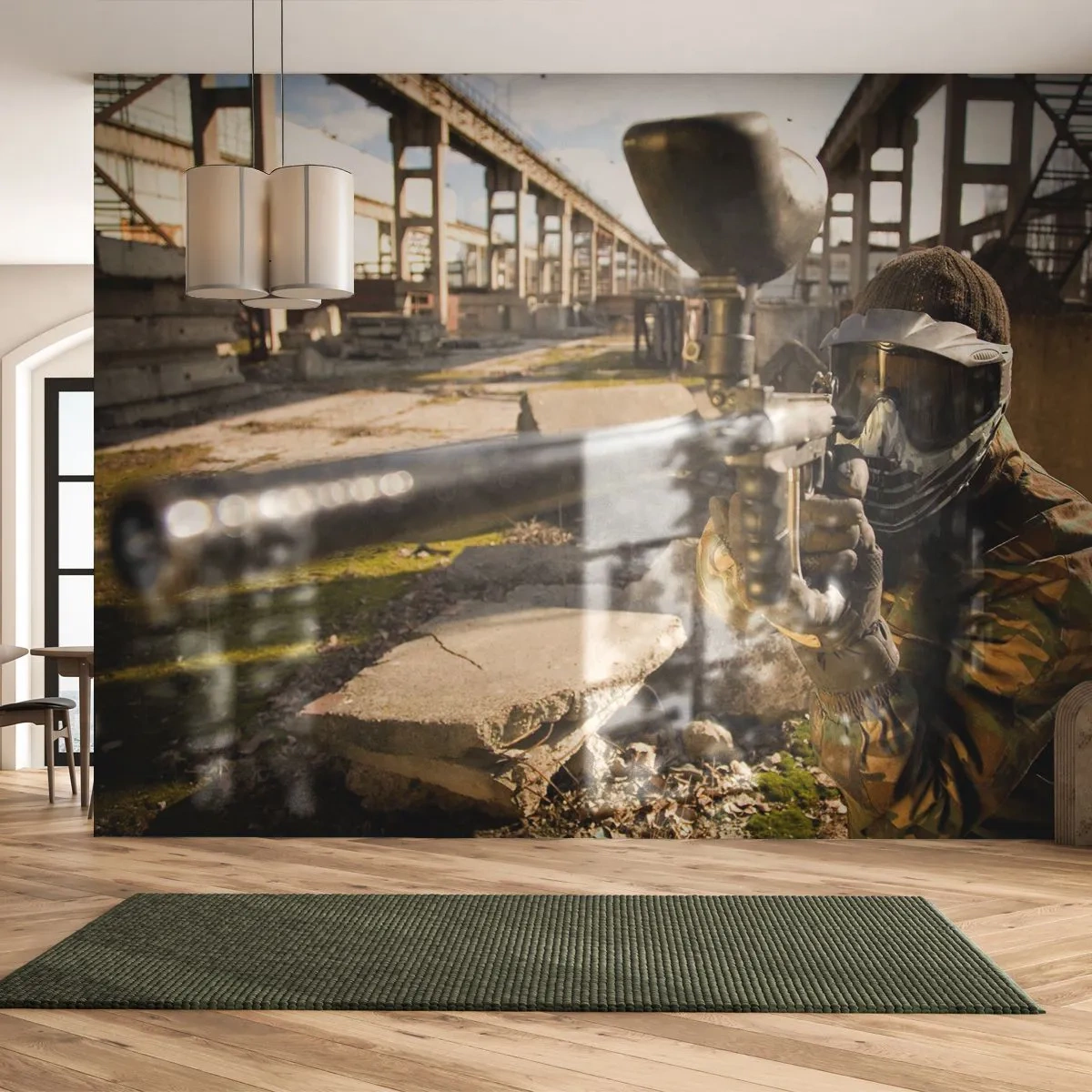 Fototapeta Premium Sand - Zawodnik paintballa celujący w maskującym stroju na tle ruin - 100x70cm - I ty możesz zostać bohaterem - Nowoczesna dekoracja ścienna do salonu, kuchni i sypialni ARTTOR
