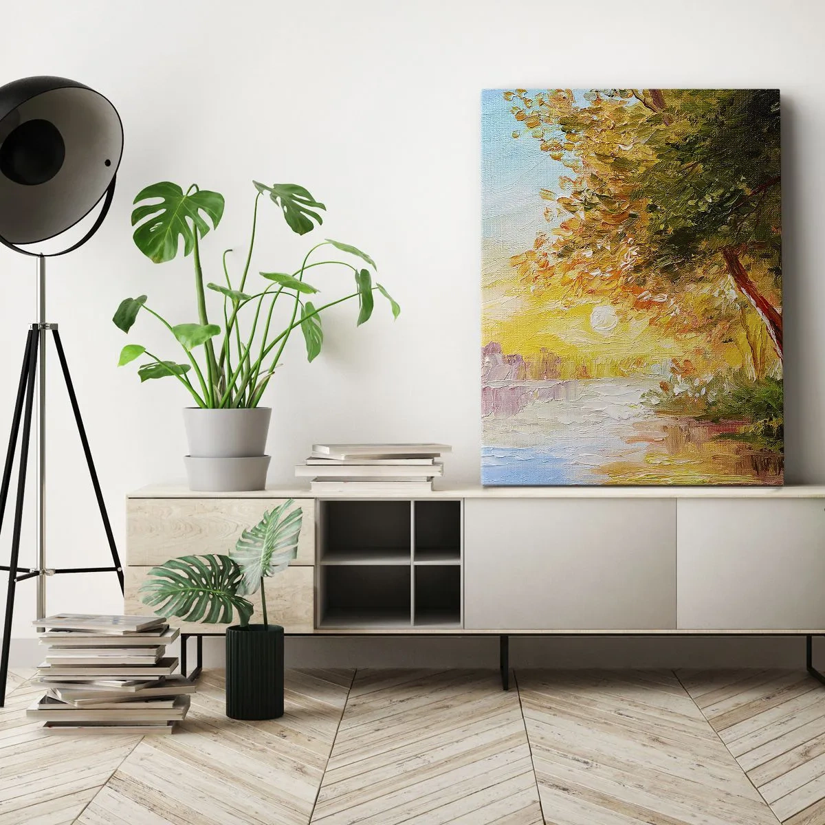 Obraz na płótnie - Malowniczy krajobraz z rzeką i drzewami o zachodzie słońca - 80x120cm - Et in Arcadia ego - Nowoczesna dekoracja ścienna do salonu i sypialni ARTTOR