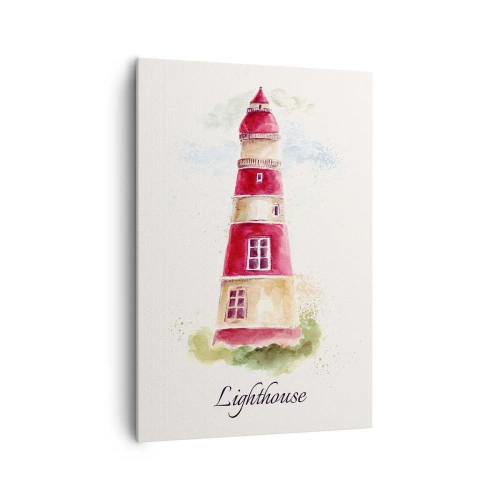 Obraz na płótnie - Akwarelowy obraz latarni morskiej na jasnym tle z napisem - 70x100cm - Wokół zawsze pogoda - Nowoczesna dekoracja ścienna do salonu i sypialni ARTTOR