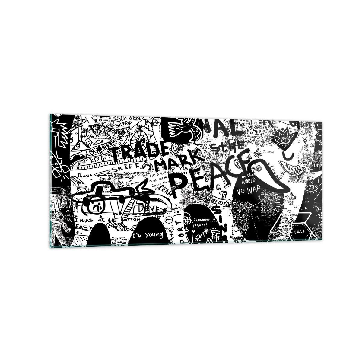 Obraz na szkle - Czarno-biała grafika z motywami graffiti - 120x50cm - Bogaty świat ulicy - Nowoczesna dekoracja ścienna do salonu i sypialni ARTTOR