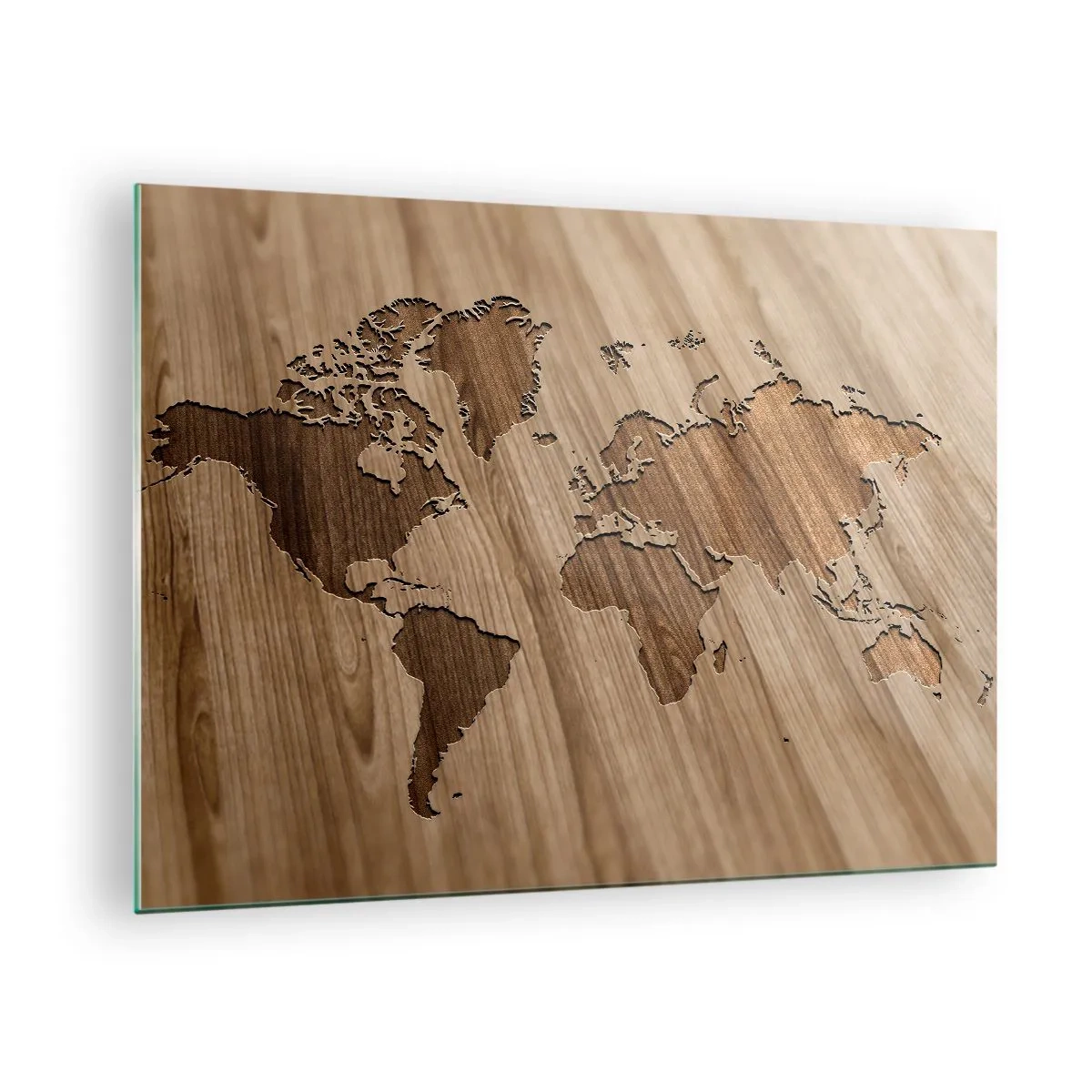 Obraz na szkle - Mapa świata wycięta w drewnianej powierzchni - 70x50cm - Świat podany na stole - Nowoczesna dekoracja ścienna do salonu i sypialni ARTTOR