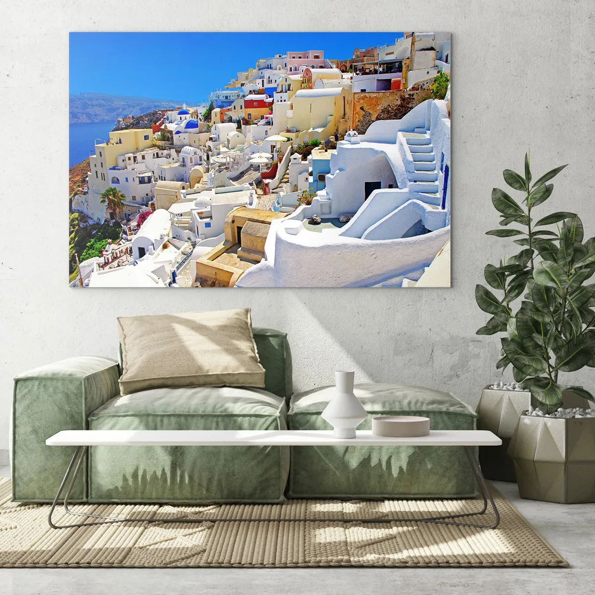 Obraz na szkle - Santorini z białymi domami na tle błękitnego nieba - 120x80cm - Marzenie o greckim lecie - Nowoczesna dekoracja ścienna do salonu, kuchni i sypialni ARTTOR