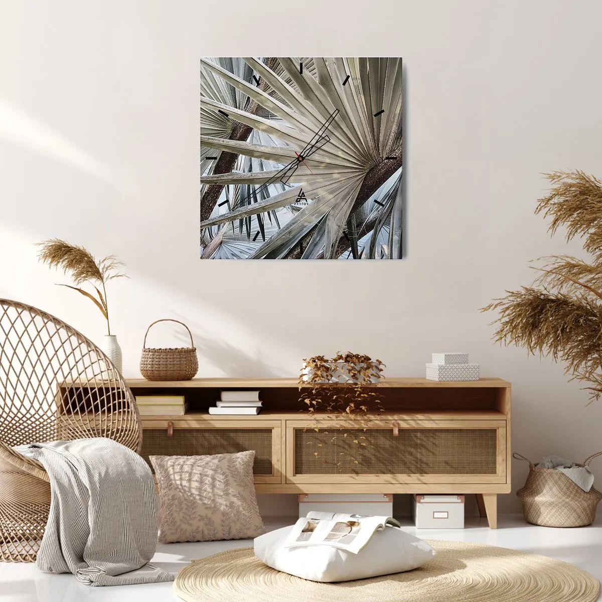Zegar ścienny - Liście palmowe w naturalnych odcieniach zieleni na zbliżeniu - 30x30cm - Wachlarze w tropikach - Nowoczesna dekoracja ścienna do salonu i sypialni ARTTOR