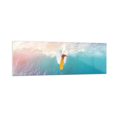 Obraz na szkle - Surfer na fali w pastelowych kolorach - 160x50cm - Oceaniczny jeździec - Nowoczesna dekoracja ścienna do salonu i sypialni ARTTOR