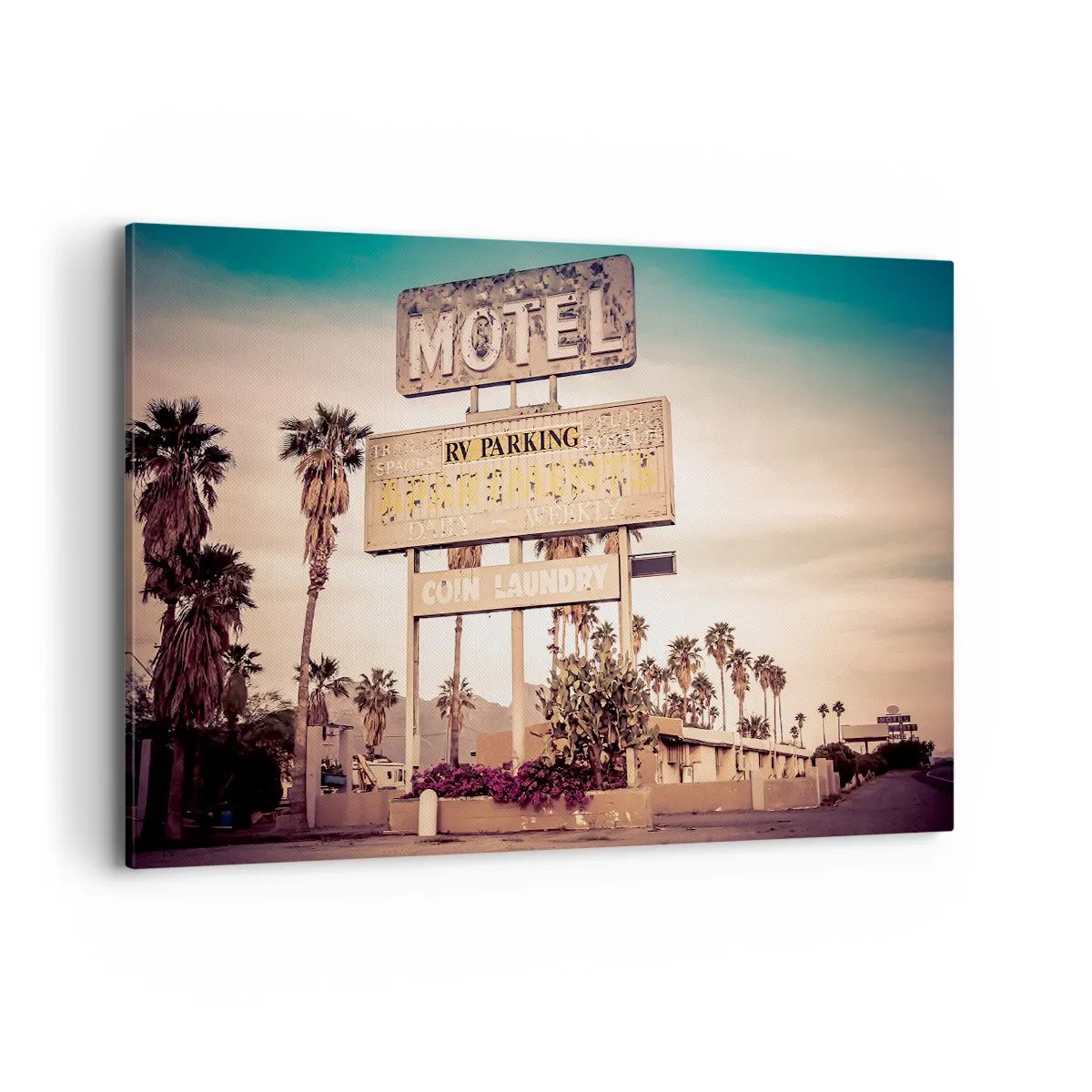 Obraz na płótnie - Retro szyld motelu otoczonego palmami - 120x80cm - Tu czas się zatrzymał - Nowoczesna dekoracja ścienna do salonu, kuchni i sypialni ARTTOR