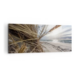 Obraz na płótnie - Plaża z suchymi trawami na wydmach i widokiem na morze - 120x50cm - Spotkanie żywiołów - Nowoczesna dekoracja ścienna do salonu i sypialni ARTTOR