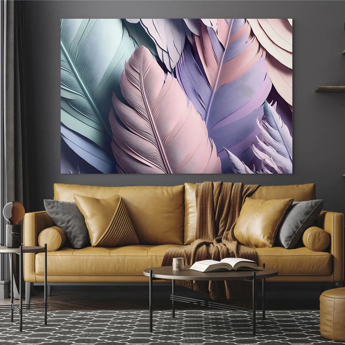 Obraz na szkle - Pastelowe pióra w odcieniach różu, fioletu i turkusu - 70x50cm - Ptasi szyk - Nowoczesna dekoracja ścienna do salonu i sypialni ARTTOR