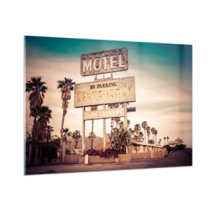 Obraz na szkle - Stary szyld motelu otoczony palmami w klimacie retro - 100x70cm - Tu czas się zatrzymał - Nowoczesna dekoracja ścienna do salonu, kuchni i sypialni ARTTOR