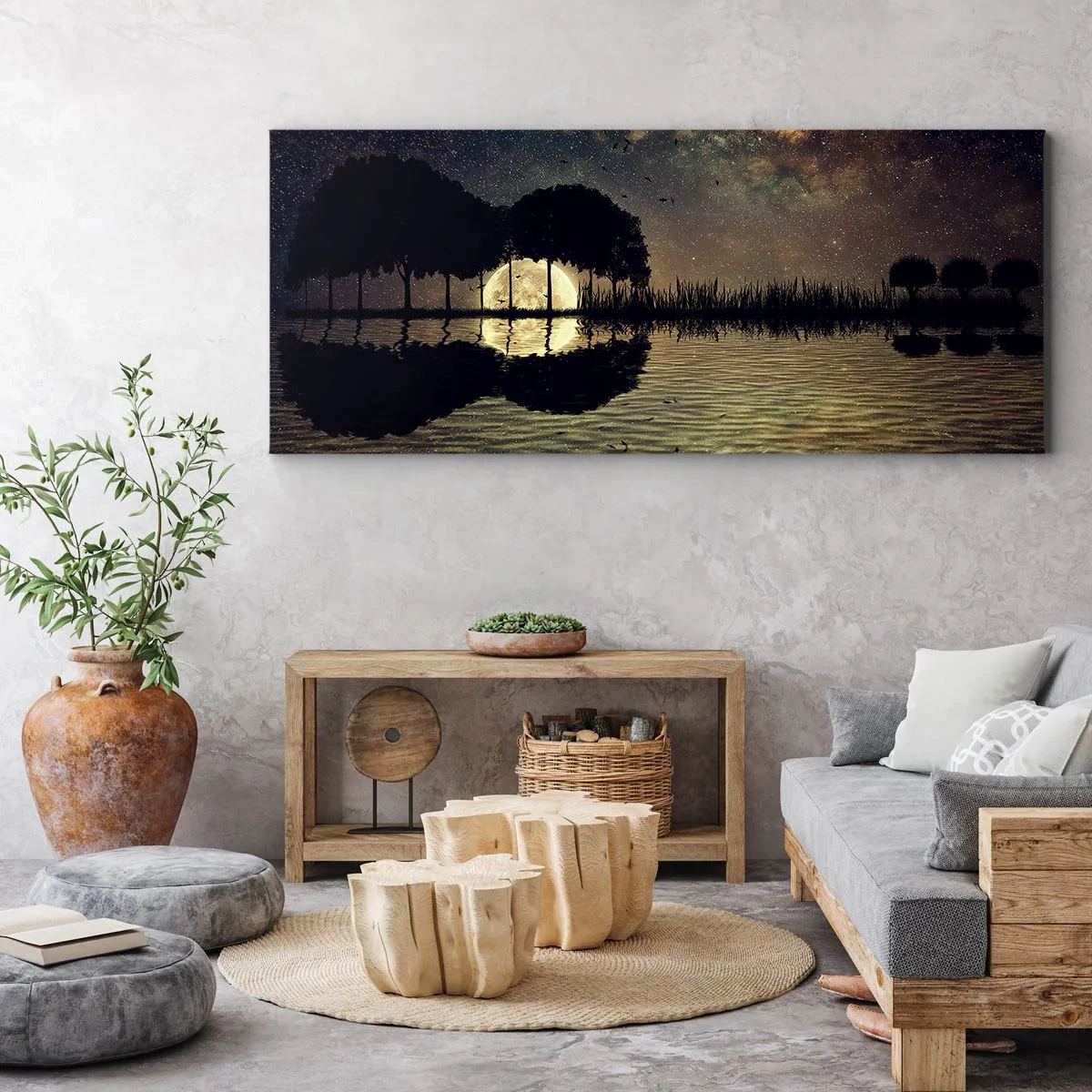 Obraz na płótnie - Magiczna noc z drzewami i odbiciem księżyca na wodzie - 160x50cm - Noc na krańcu świata - Nowoczesna dekoracja ścienna do salonu i sypialni ARTTOR