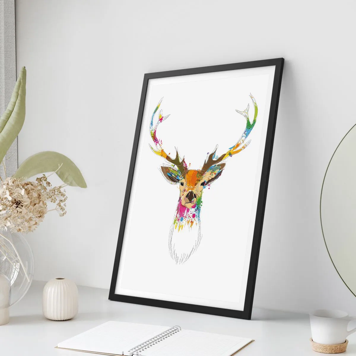 Plakat w czarnej ramie - Łagodny jelonek skąpany w kolorze - 70x100 cm