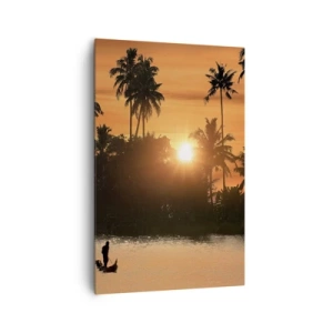 Obraz na płótnie - Zachód słońca nad palmami i spokojnym jeziorem z łódką - 80x120cm - Czas na odpoczynek - Nowoczesna dekoracja ścienna do salonu i sypialni ARTTOR