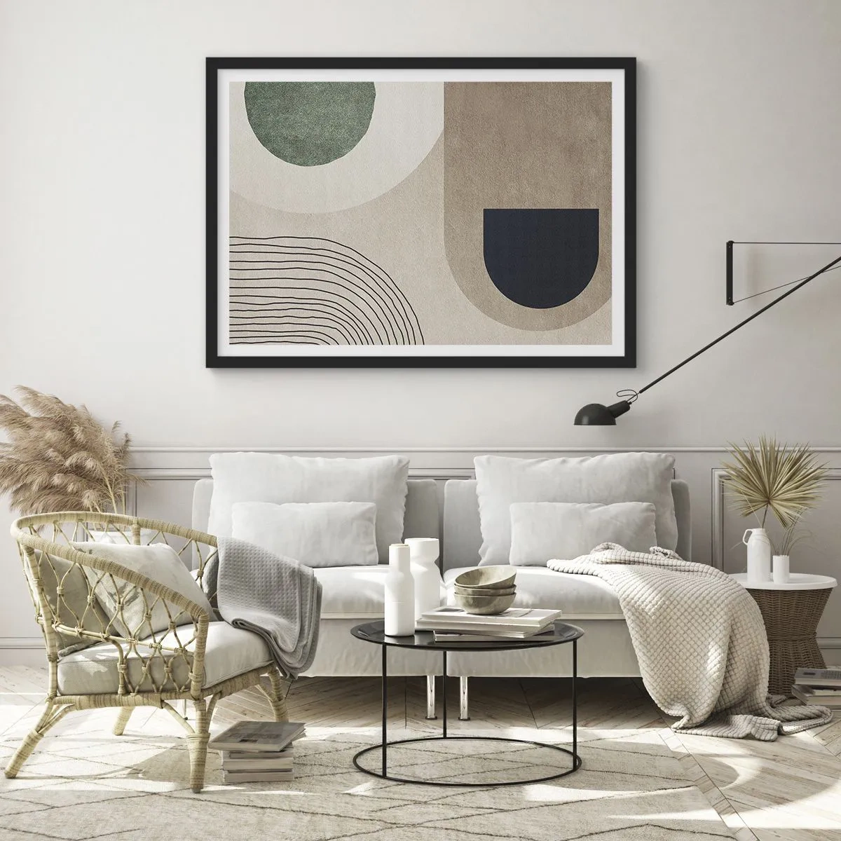 Plakat w czarnej ramie - Geometryczne kształty w odcieniach beżu i zieleni - 70x50cm - Łagodność owalu - Nowoczesna dekoracja ścienna do salonu i sypialni ARTTOR