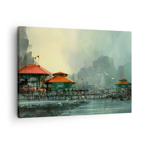 Obraz na płótnie - Portowa zabudowa w deszczowej scenerii z mewami - 70x50cm - Słotny dzień w porcie - Nowoczesna dekoracja ścienna do salonu i sypialni ARTTOR
