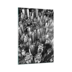 Obraz na szkle - Czarno-biała panorama miasta z lotu ptaka - 50x70cm - Wciąż wyżej i wyżej - Nowoczesna dekoracja ścienna do salonu, kuchni i sypialni ARTTOR