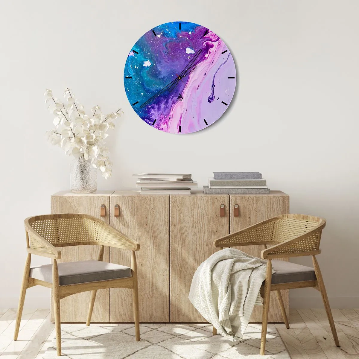 Zegar ścienny - Abstrakcyjne kolory w odcieniach fioletu i błękitu - 30x30cm - Yin i yang - Nowoczesna dekoracja ścienna do salonu, kuchni i sypialni ARTTOR