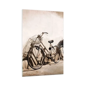Obraz na szkle - Dwa rowery oparte o starą ścianę w stylu retro - 70x100cm - Niezapomniany urok przeszłości - Nowoczesna dekoracja ścienna do salonu i sypialni ARTTOR