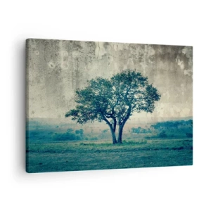 Obraz na płótnie - Samotne drzewo na tle zamglonego krajobrazu - 70x50cm - Jabłoń na błękitnym błoniu? - Nowoczesna dekoracja ścienna do salonu i sypialni ARTTOR