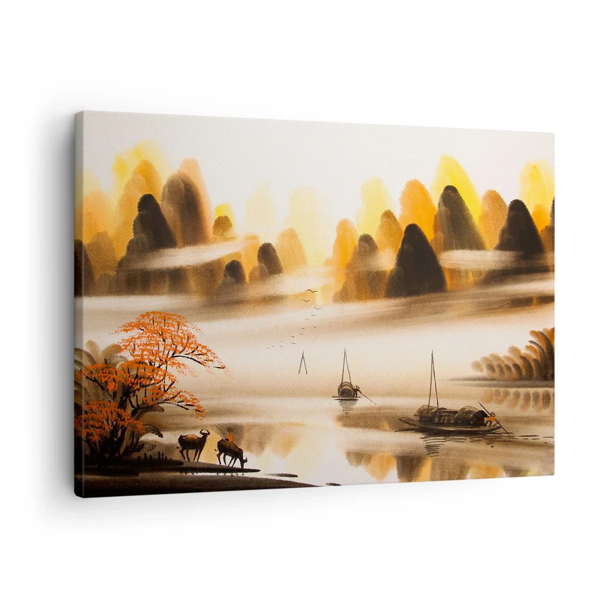 Obraz na płótnie - Orientalny krajobraz z rzeką, górami i delikatną mgłą - 70x50cm - Dalej niż na Dalekim Wschodzie - Nowoczesna dekoracja ścienna do salonu i sypialni ARTTOR