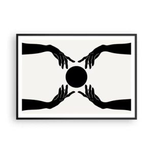 Plakat w czarnej ramie - Czarne dłonie w symetrycznej kompozycji z kulą - 100x70cm - Tajemny znak - Nowoczesna dekoracja ścienna do salonu i sypialni ARTTOR