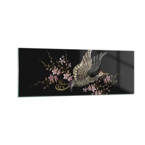 Obraz na szkle - Ptak w locie z kwiatami na czarnym tle - 140x50cm - Egzotyczny, haftowany ptak - Nowoczesna dekoracja ścienna do salonu i sypialni ARTTOR