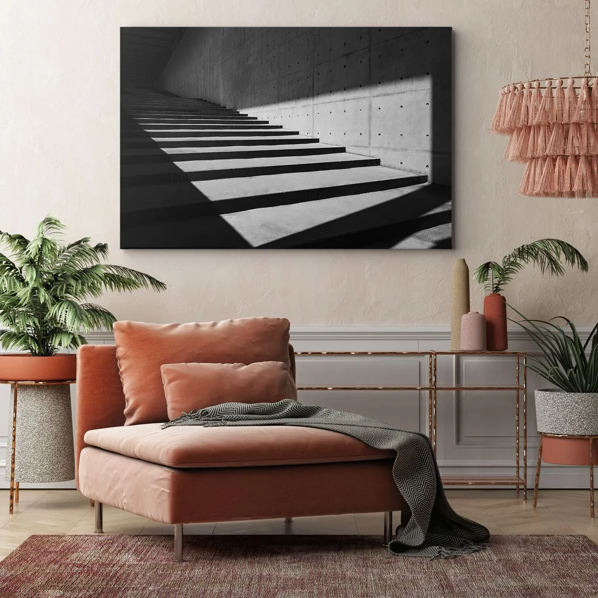 Obraz na płótnie - Schody w minimalistycznym stylu w czerni i bieli - 70x50cm - Surowa uroda modernizmu - Nowoczesna dekoracja ścienna do salonu i sypialni ARTTOR