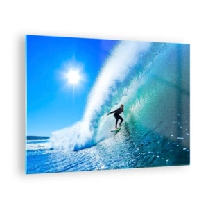 Obraz na szkle - Surfer na fali w słoneczny dzień - 70x50cm - Przez wielki błękit - Nowoczesna dekoracja ścienna do salonu i sypialni ARTTOR