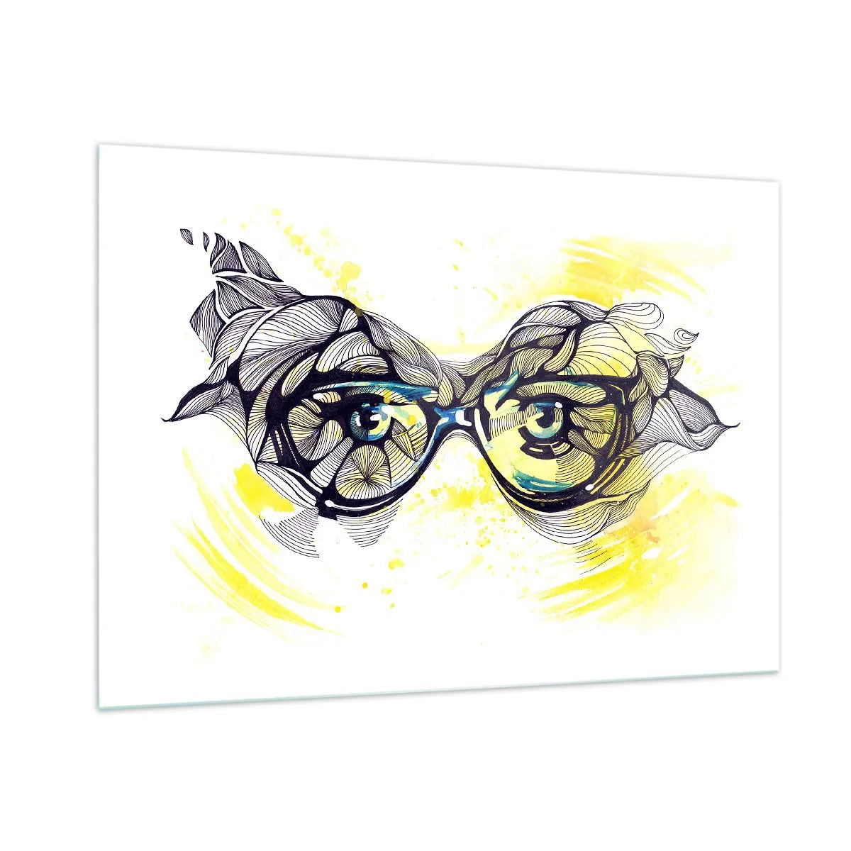 Obraz na szkle - Okulary z artystycznymi wzorami i oczami na tle w żółtych tonacjach - 100x70cm - Przez błękitne okulary - Nowoczesna dekoracja ścienna do salonu, kuchni i sypialni ARTTOR