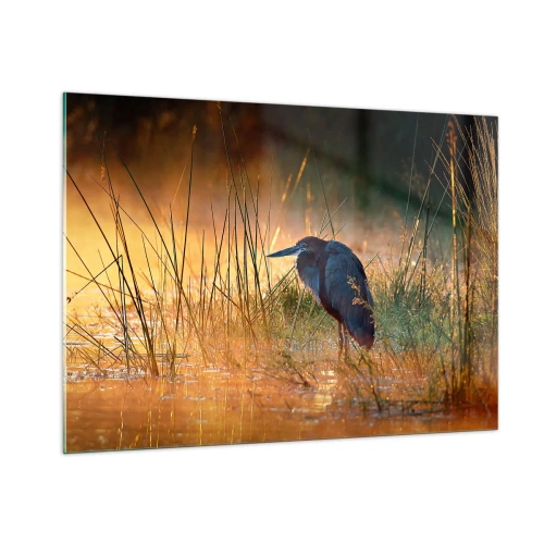 Obraz na szkle - Zachód słońca nad jeziorem z czaplą - 100x70cm - No dajcie mi spokój z tymi zdjęciami - Nowoczesna dekoracja ścienna do salonu, kuchni i sypialni ARTTOR