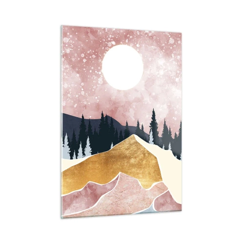 Obraz na szkle - Góry i las w świetle księżyca na tle różowego nieba - 50x70cm - Nocna straż - Nowoczesna dekoracja ścienna do salonu, kuchni i sypialni ARTTOR