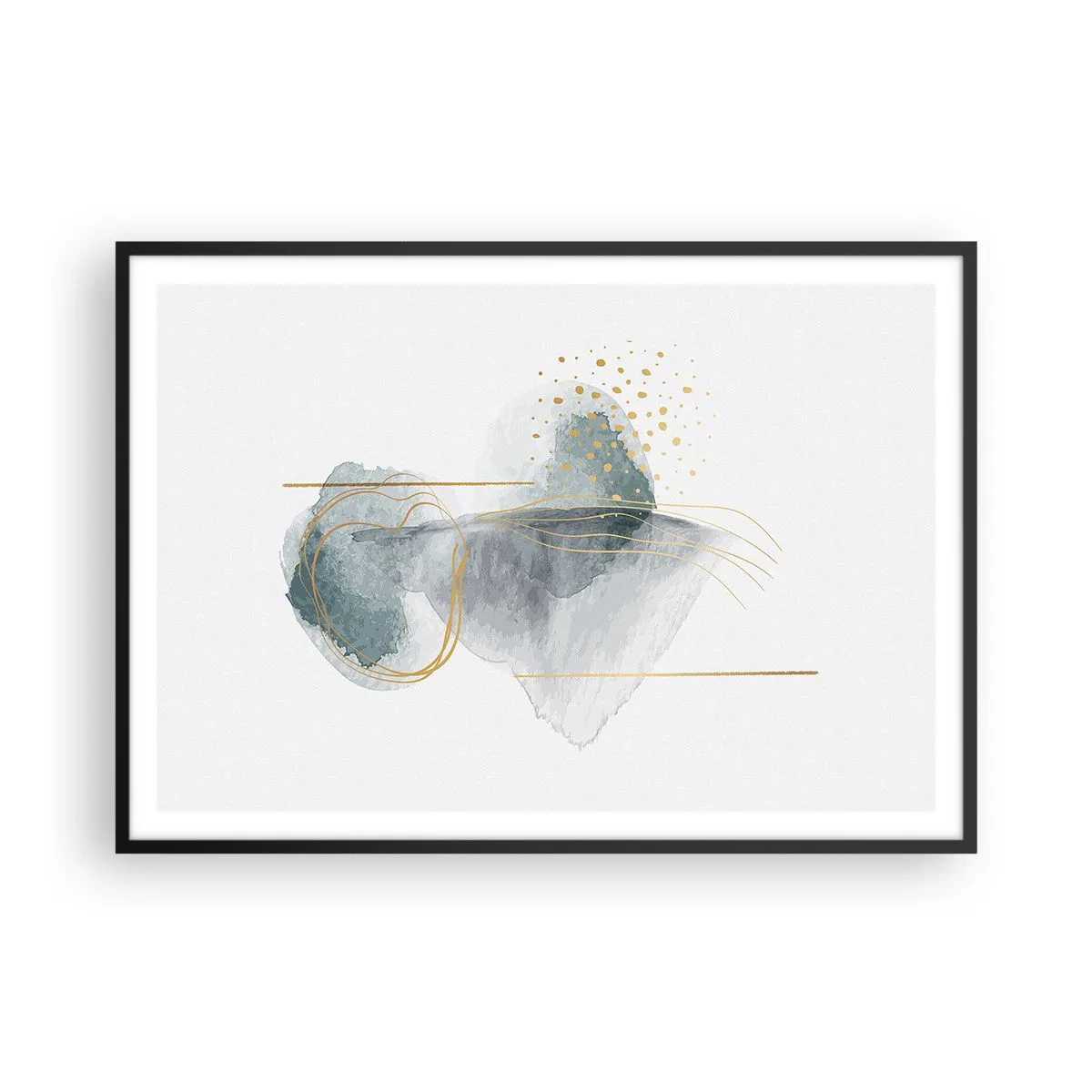 Plakat w czarnej ramie - Abstrakcyjna kompozycja w odcieniach turkusu i złota - 100x70cm - O związkach szarości i złota - Nowoczesna dekoracja ścienna do salonu i sypialni ARTTOR