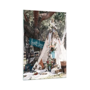 Obraz na szkle - Dekoracja boho z tipi w lesie - 70x100cm - Make love… - Nowoczesna dekoracja ścienna do salonu i sypialni ARTTOR