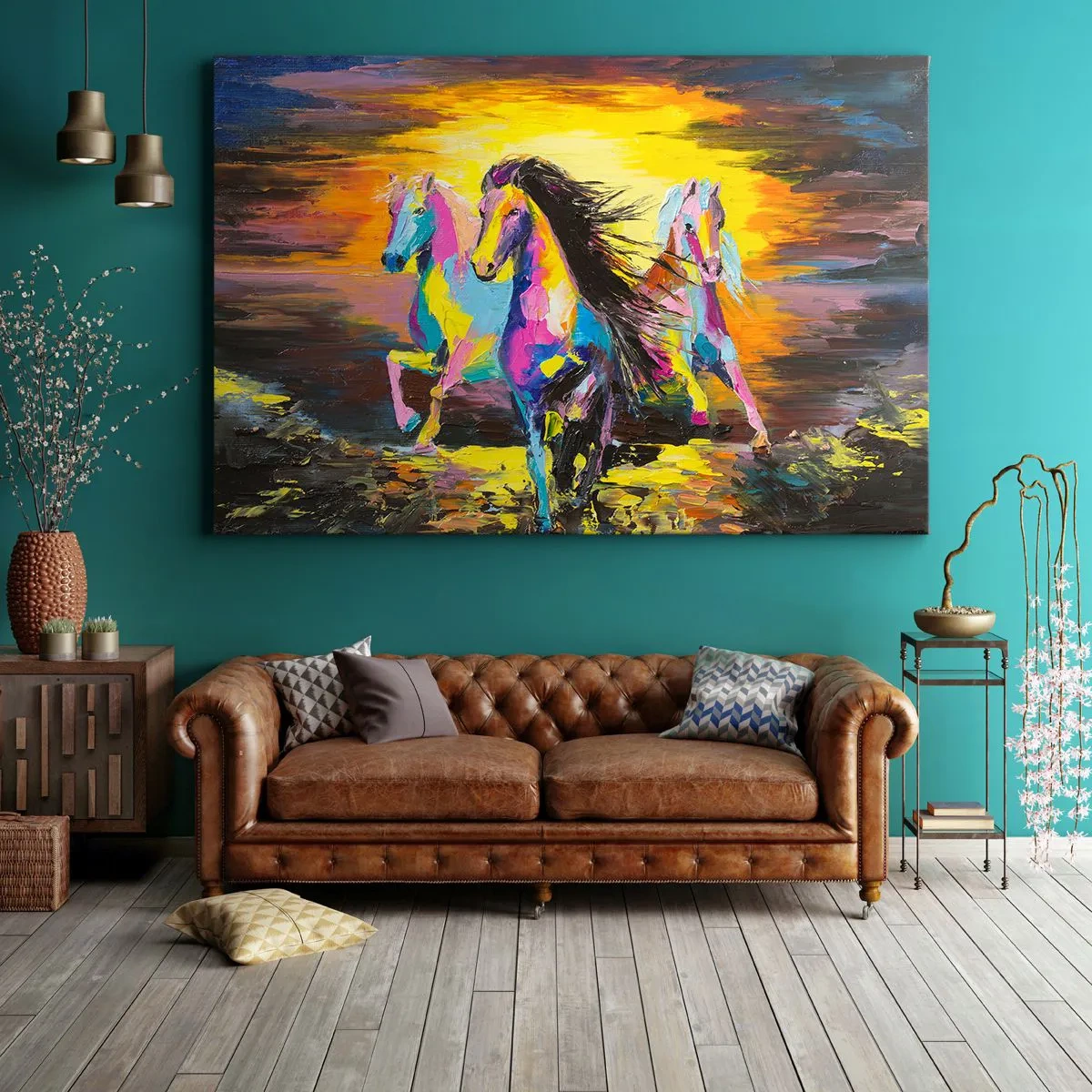 Obraz na płótnie - Kolorowe konie galopujące na tle zachodzącego słońca - 70x50cm - Zanurzone w tęczy - Nowoczesna dekoracja ścienna do salonu i sypialni ARTTOR