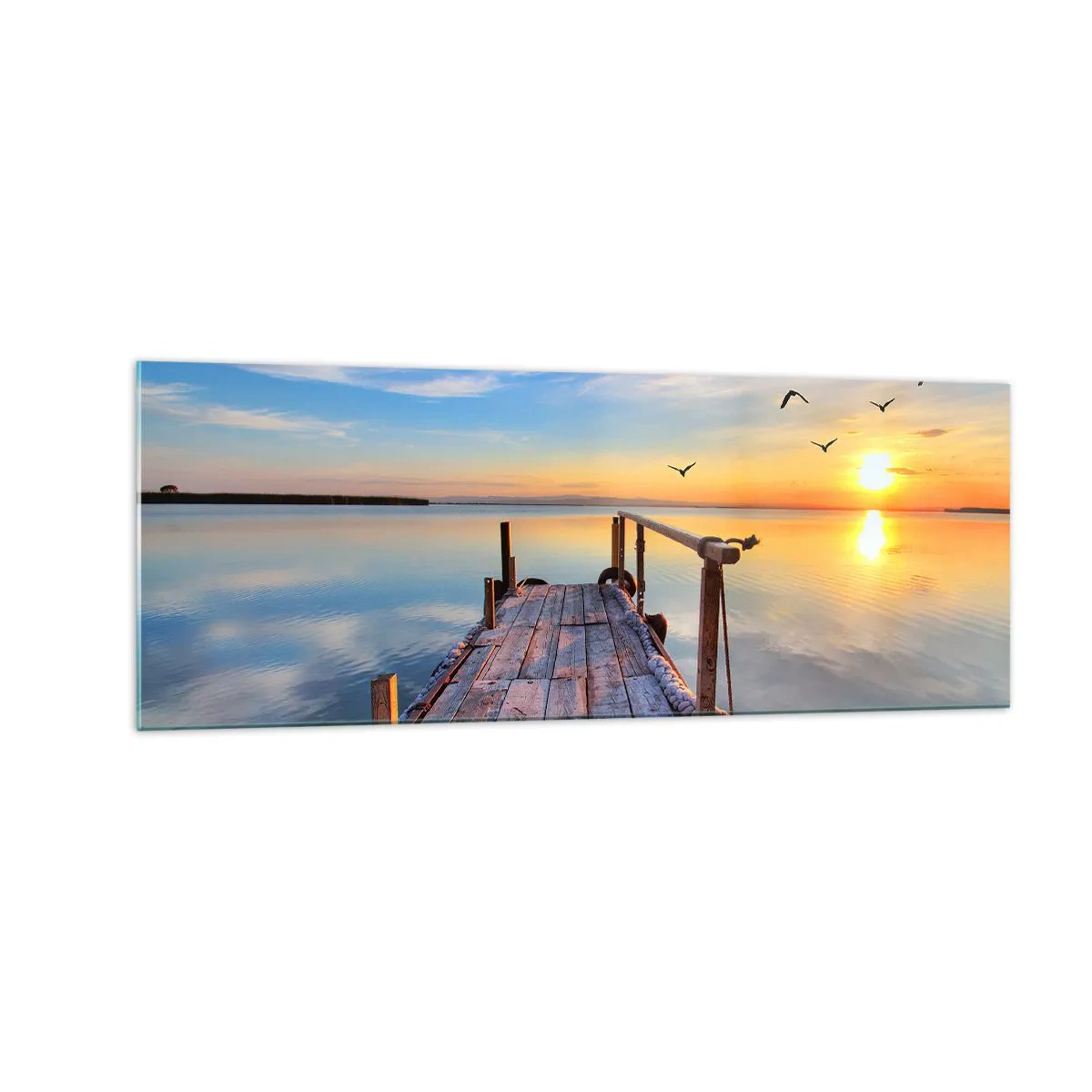 Obraz na szkle - Drewniane molo o zachodzie słońca na spokojnym jeziorze - 140x50cm - Iść przed siebie ku słońcu - Nowoczesna dekoracja ścienna do salonu i sypialni ARTTOR