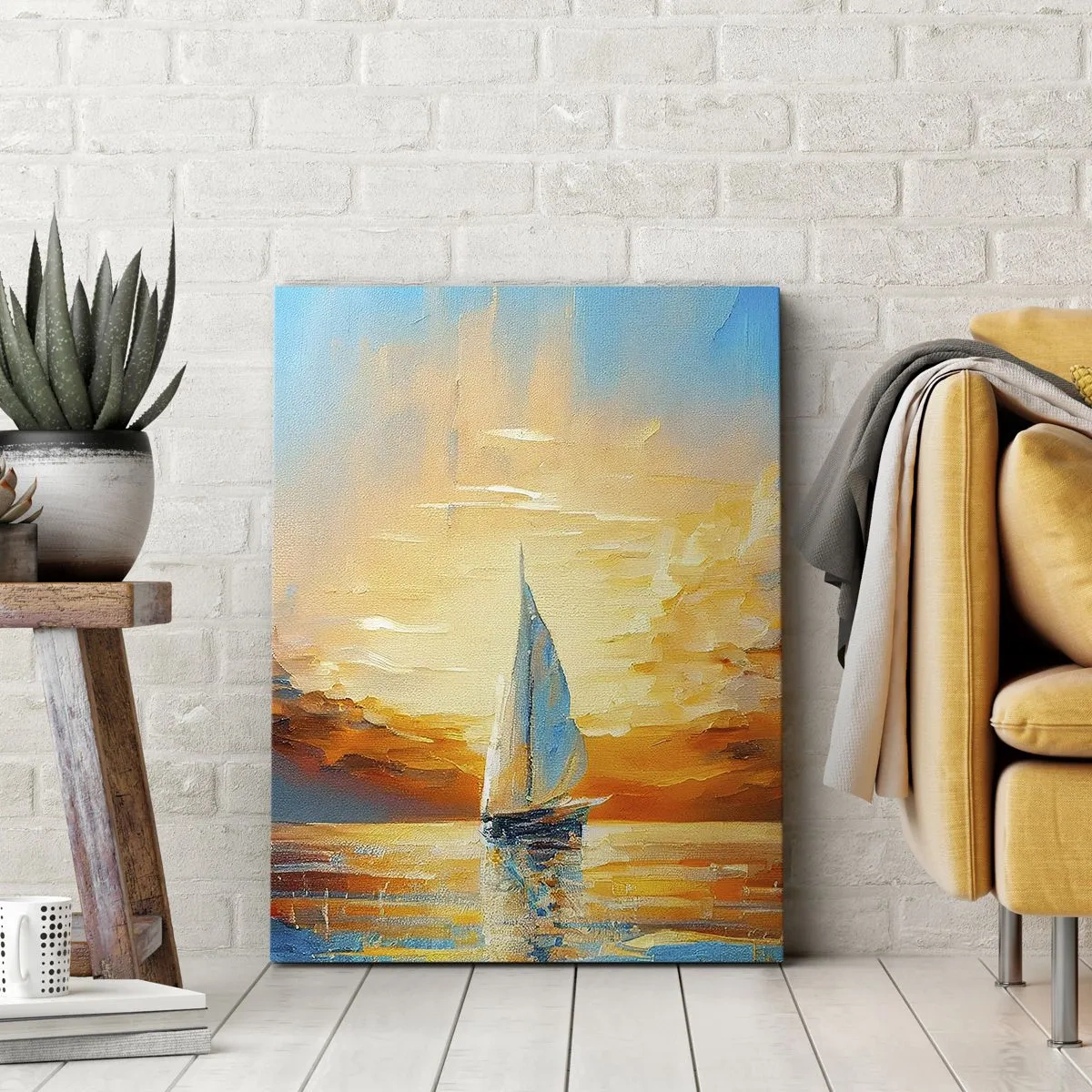 Obraz na płótnie - Żaglówka na wodzie w blasku zachodzącego słońca - 50x70cm - Żegluga w złocie - Nowoczesna dekoracja ścienna do salonu, kuchni i sypialni ARTTOR