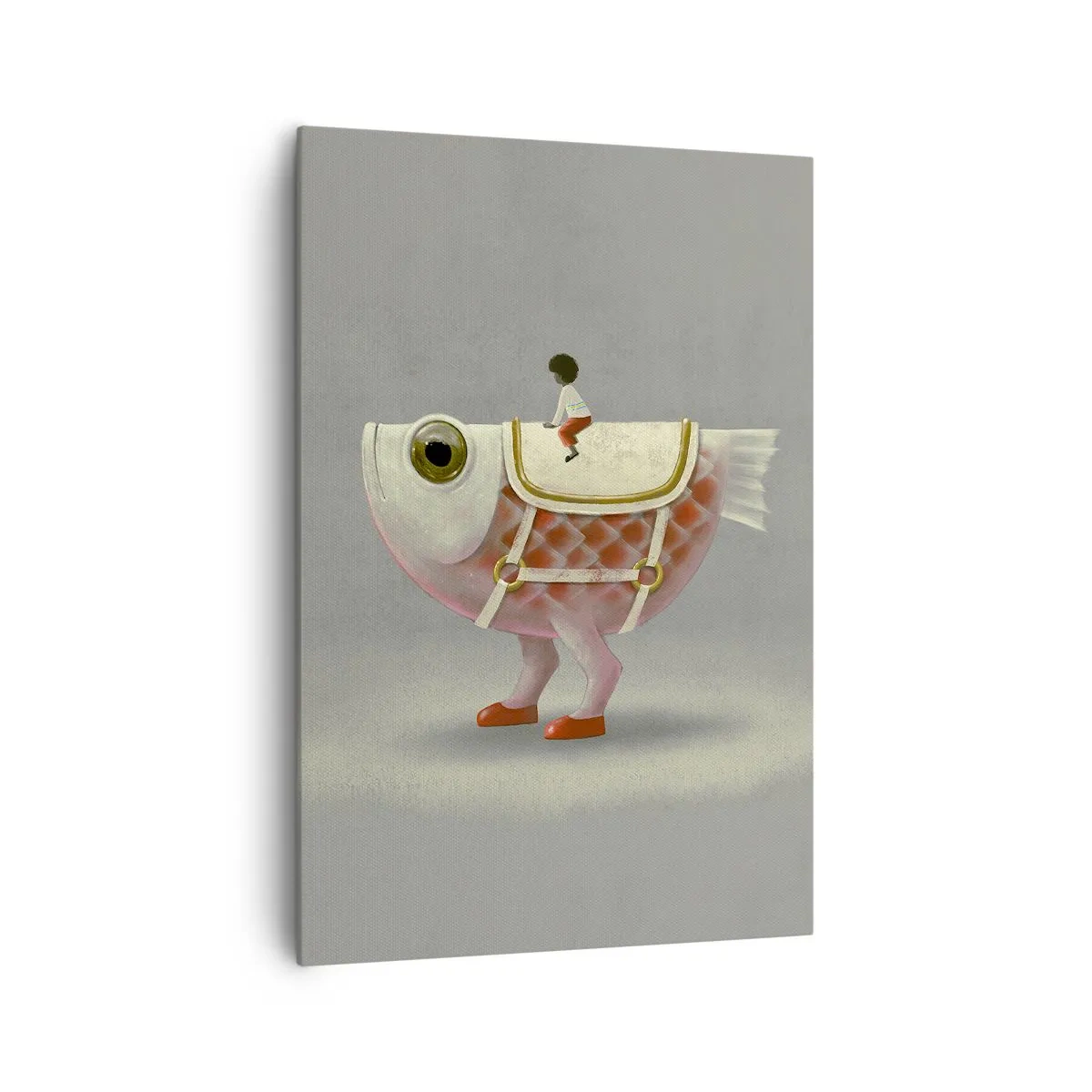 Obraz na płótnie - Fantazyjny jeździec na rybie z nogami i siodłem - 70x100cm - Ryboński jeździec - Nowoczesna dekoracja ścienna do salonu i sypialni ARTTOR