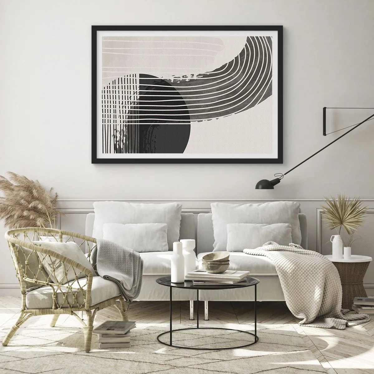 Plakat w czarnej ramie - Abstrakcyjny wzór z liniami i geometrycznymi kształtami - 70x50cm - Tam i z powrotem - Nowoczesna dekoracja ścienna do salonu i sypialni ARTTOR