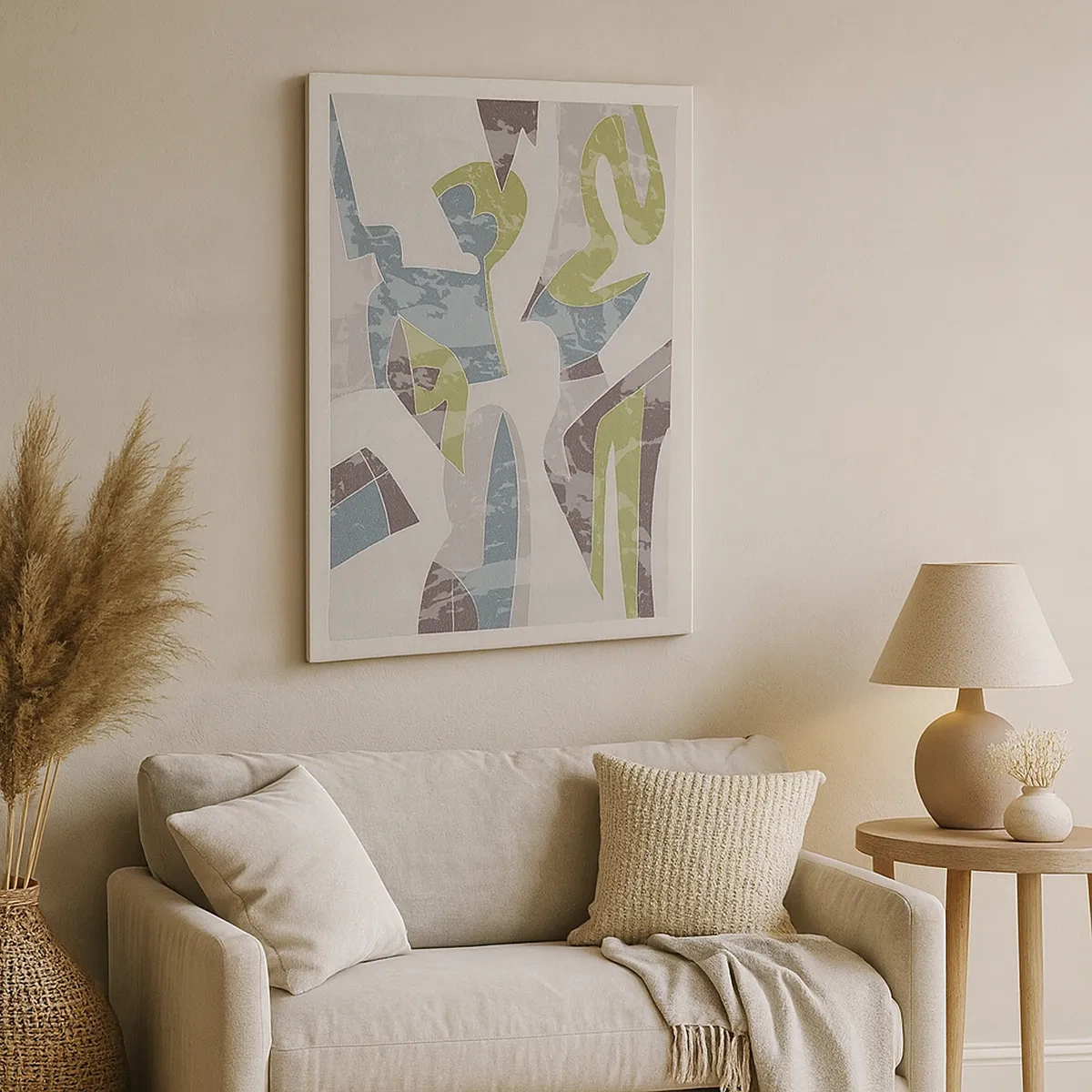 Obraz na płótnie - Abstrakcyjna kompozycja geometrycznych kształtów w odcieniach zieleni i błękitu - 50x70cm - Kompozycja za szybą - Nowoczesna dekoracja ścienna do salonu, kuchni i sypialni ARTTOR