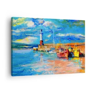Obraz na płótnie - Port rybacki z łodziami i latarnią morską w jasnych kolorach - 70x50cm - Popołudnie w tęczowej zatoce - Nowoczesna dekoracja ścienna do salonu i sypialni ARTTOR